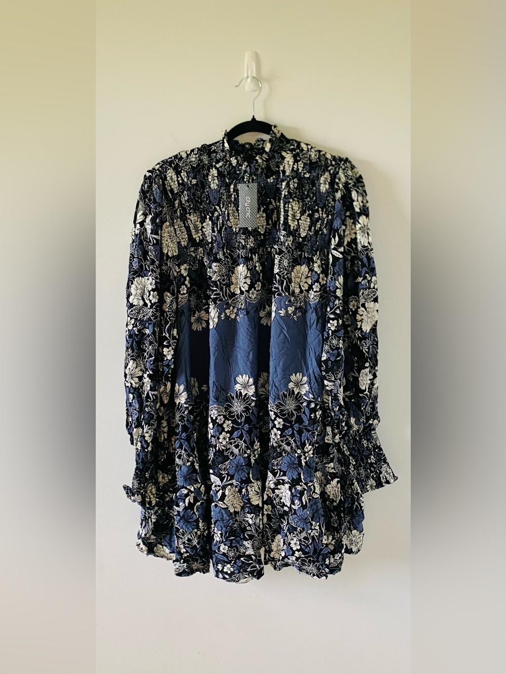 NWT City Chic Cassia Placement Blue Floral Smocked Mock Neck Dress 2XL Boho